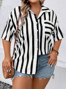 Calvaya 夏季加大条纹印花落肩衬衫 - 黑與白 - 查看 6