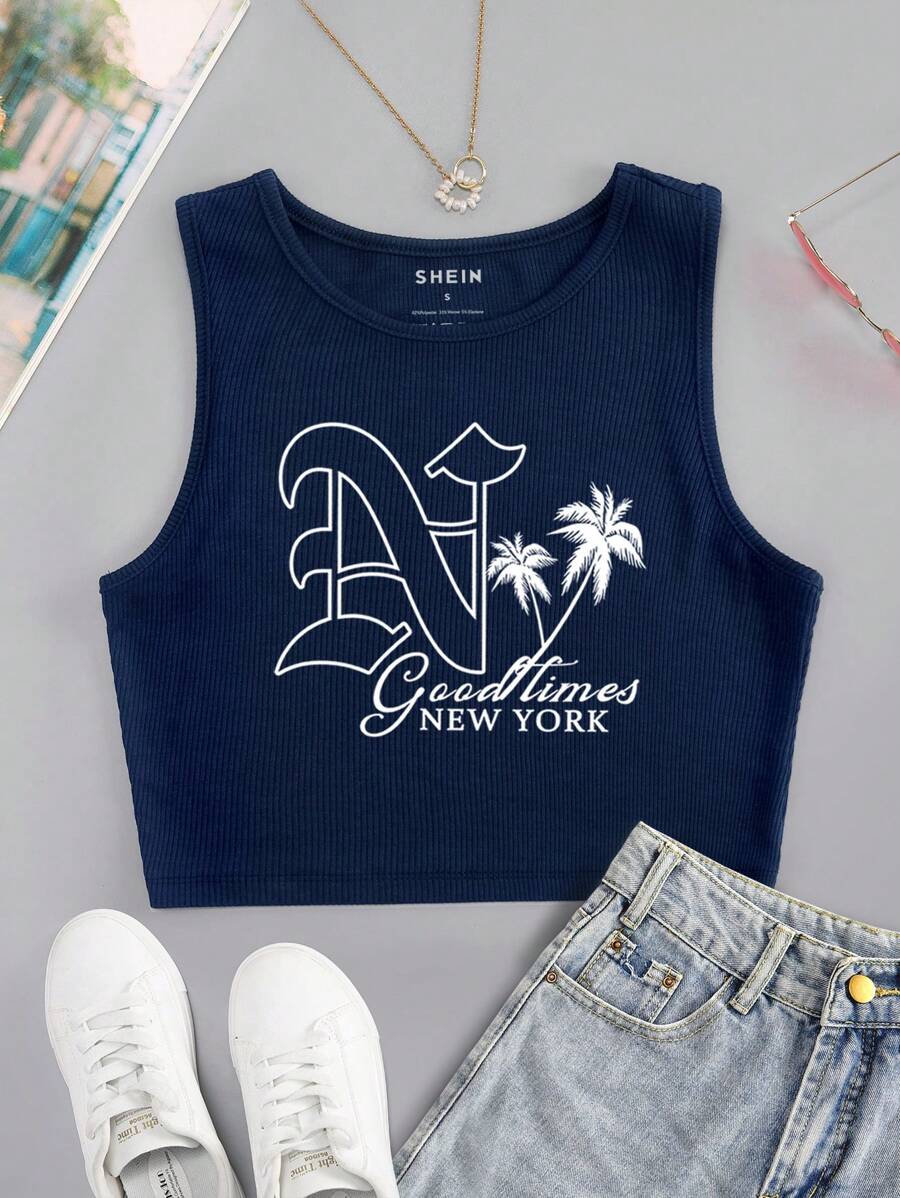SHEIN EZwear Đồ họa cây cọ & chữ cái Crop Tank Top - Màu xanh hải quân - Xem 1