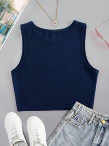SHEIN EZwear Đồ họa cây cọ & chữ cái Crop Tank Top - Màu xanh hải quân - Xem 2