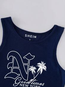 SHEIN EZwear Đồ họa cây cọ & chữ cái Crop Tank Top - Màu xanh hải quân - Xem 3