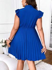 SHEIN Clasi Đầm Plus Size Xù Xếp li Thắt nơ trước màu trơn Thanh lịch - Màu xanh lam - Xem 2