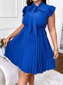 SHEIN Clasi Đầm Plus Size Xù Xếp li Thắt nơ trước màu trơn Thanh lịch - Màu xanh lam - Xem 5