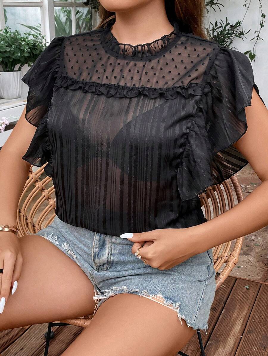 Franclia Áo sơ mi Plus Size Xù Tương phản Mesh viền lá sen cắt màu trơn Giải trí - màu đen - Xem 1