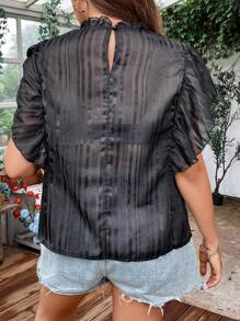 Franclia Áo sơ mi Plus Size Xù Tương phản Mesh viền lá sen cắt màu trơn Giải trí - màu đen - Xem 2