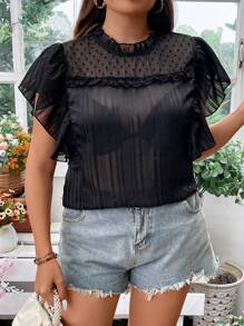 Franclia Áo sơ mi Plus Size Xù Tương phản Mesh viền lá sen cắt màu trơn Giải trí - màu đen - Xem 3