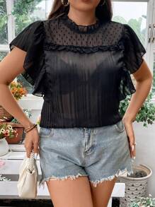 Franclia Áo sơ mi Plus Size Xù Tương phản Mesh viền lá sen cắt màu trơn Giải trí - màu đen - Xem 6