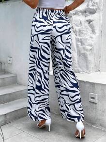 SHEIN LUNE 斑馬條紋流蘇腰部打結闊腿褲 - 白色 - 查看 2