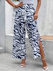 SHEIN LUNE 斑馬條紋流蘇腰部打結闊腿褲 - 白色 - 查看 3
