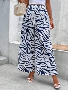 SHEIN LUNE 斑馬條紋流蘇腰部打結闊腿褲 - 白色 - 查看 5