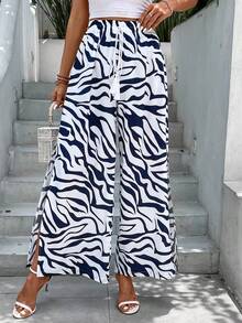 SHEIN LUNE 斑馬條紋流蘇腰部打結闊腿褲 - 白色 - 查看 7