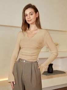 Chất rắn Cổ có Lỗ hổng Xù Áo len - Màu be - Xem 1