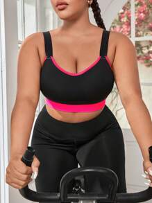 SHEIN Rhythm Era Sutien sport cu legare în contrast de dimensiuni plus mari, susținere înaltă cu tampoane cusute, tampoane nedetașabile pentru femei, cu susținere ridicată, spate curse, antrenament, yoga, alergare