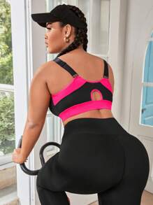 SHEIN Rhythm Era Sutien sport cu legare în contrast de dimensiuni plus mari, susținere înaltă cu tampoane cusute, tampoane nedetașabile pentru femei, cu susținere ridicată, spate curse, antrenament, yoga, alergare
