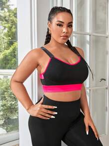 SHEIN Rhythm Era Sutien sport cu legare în contrast de dimensiuni plus mari, susținere înaltă cu tampoane cusute, tampoane nedetașabile pentru femei, cu susținere ridicată, spate curse, antrenament, yoga, alergare