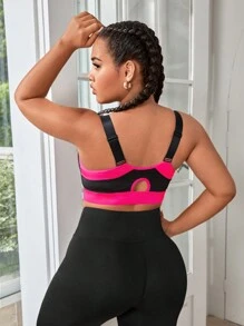 SHEIN Rhythm Era Sutien sport cu legare în contrast de dimensiuni plus mari, susținere înaltă cu tampoane cusute, tampoane nedetașabile pentru femei, cu susținere ridicată, spate curse, antrenament, yoga, alergare
