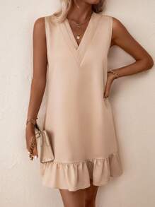 SHEIN LUNE 素色荷葉邊娃娃裙 - 杏色 - 查看 6