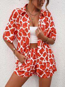 SHEIN LUNE Bộ đồ hai mảnh nữ Nút phía trước Tất cả trên in Giải trí - trái cam - Xem 1