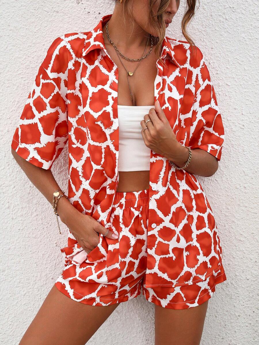 SHEIN LUNE Bộ đồ hai mảnh nữ Nút phía trước Tất cả trên in Giải trí - trái cam - Xem 1