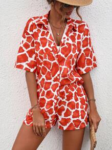 SHEIN LUNE Bộ đồ hai mảnh nữ Nút phía trước Tất cả trên in Giải trí - trái cam - Xem 3