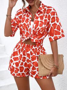 SHEIN LUNE Bộ đồ hai mảnh nữ Nút phía trước Tất cả trên in Giải trí - trái cam - Xem 4