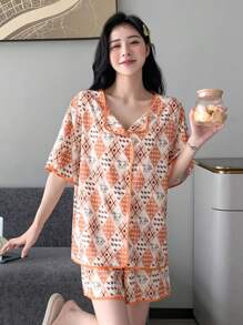DAZY Cartoon Print Contrast Binding PJ Set - Orange - View 3