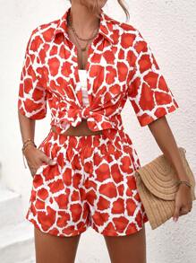 SHEIN LUNE Bộ đồ hai mảnh nữ Nút phía trước Tất cả trên in Giải trí - trái cam - Xem 6