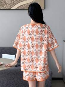 DAZY Cartoon Print Contrast Binding PJ Set - Orange - View 2