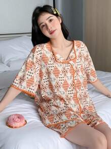 DAZY Cartoon Print Contrast Binding PJ Set - Orange - View 1