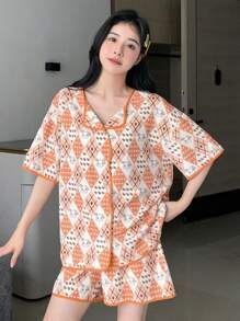 DAZY Cartoon Print Contrast Binding PJ Set - Orange - View 6