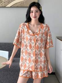 DAZY Cartoon Print Contrast Binding PJ Set - Orange - View 7