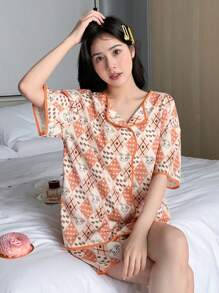 DAZY Cartoon Print Contrast Binding PJ Set - Orange - View 4