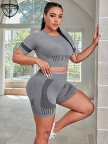 SHEIN Yoga Futuristic Plus Striped Print Raglan Sleeve Sports Set - Grey - View 4