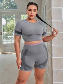 SHEIN Yoga Futuristic Plus Striped Print Raglan Sleeve Sports Set - Grey - View 6