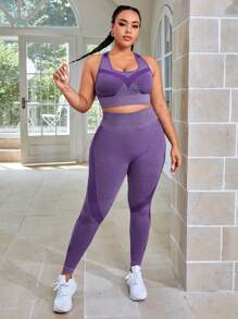 Plus Seamless High Stretch Sports Bra With Leggings - Violet Purple - View 2