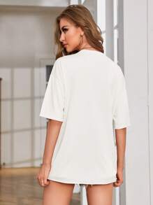 SHEIN LUNE Solid Drop Shoulder Oversized Tee - White - View 2