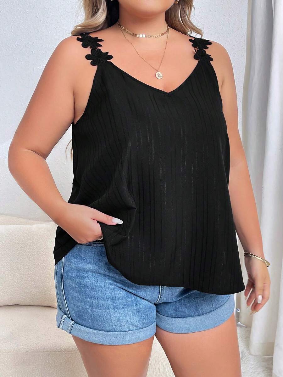 SHEIN Privé 大碼貼花吊帶上衣 - 黑色 - 查看 1