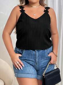 SHEIN Privé 大碼貼花吊帶上衣 - 黑色 - 查看 6