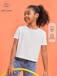 SHEIN Girls 100% Cotton Solid Round Neck Tee - White - View 1
