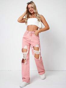 Ripped Cut Out Wide Leg Jeans - Pink - View 3