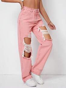 Ripped Cut Out Wide Leg Jeans - Pink - View 4