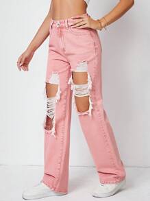 Ripped Cut Out Wide Leg Jeans - Pink - View 6