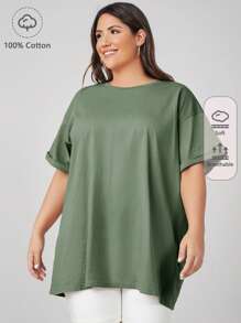 SHEIN BASICS Áo thun tay lỡ cỡ lớn - xanh quân đội - Xem 1