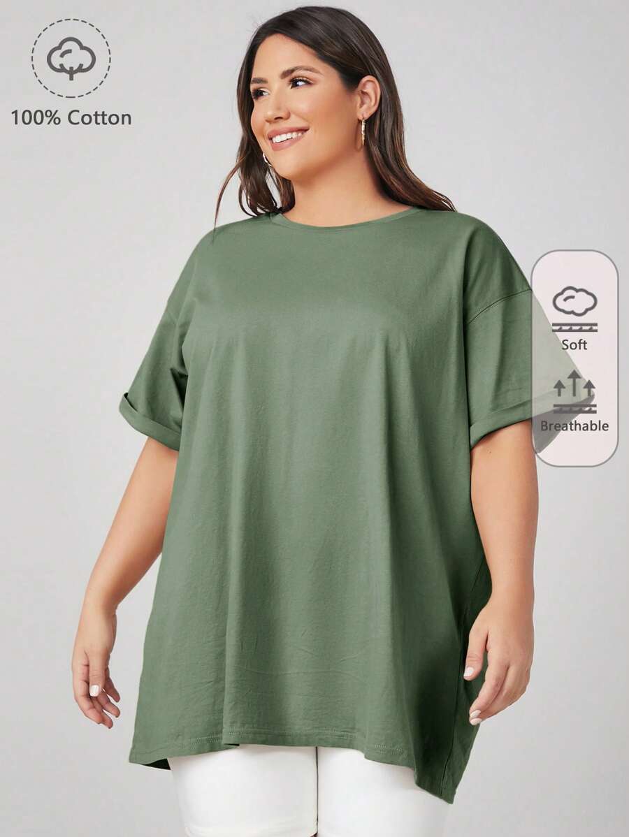 SHEIN BASICS Áo thun tay lỡ cỡ lớn - xanh quân đội - Xem 1