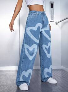 Heart Print Wide Leg Jeans - Medium Wash - View 3