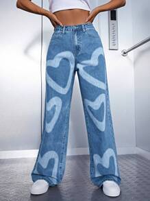Heart Print Wide Leg Jeans - Medium Wash - View 4