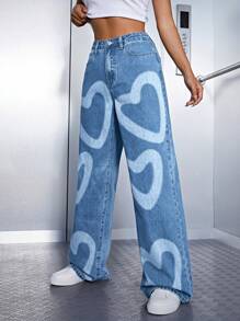 Heart Print Wide Leg Jeans - Medium Wash - View 5