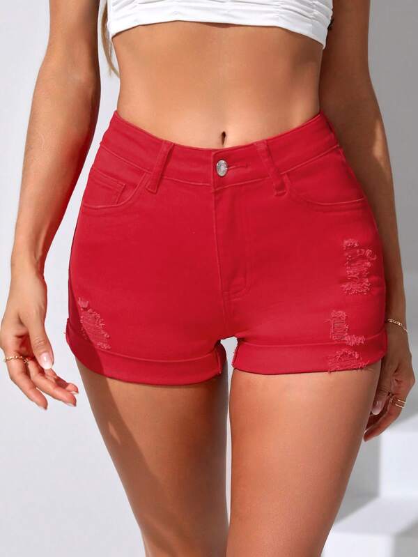 SHEIN PETITE Ripped Roll Up Hem Denim Shorts SHEIN USA