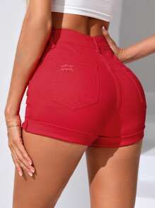 SHEIN PETITE 破洞卷邊牛仔短褲 - 紅色 - 查看 2