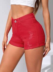SHEIN PETITE 破洞卷邊牛仔短褲 - 紅色 - 查看 3
