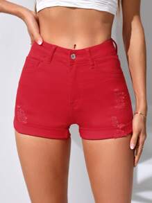 SHEIN PETITE 破洞卷邊牛仔短褲 - 紅色 - 查看 4